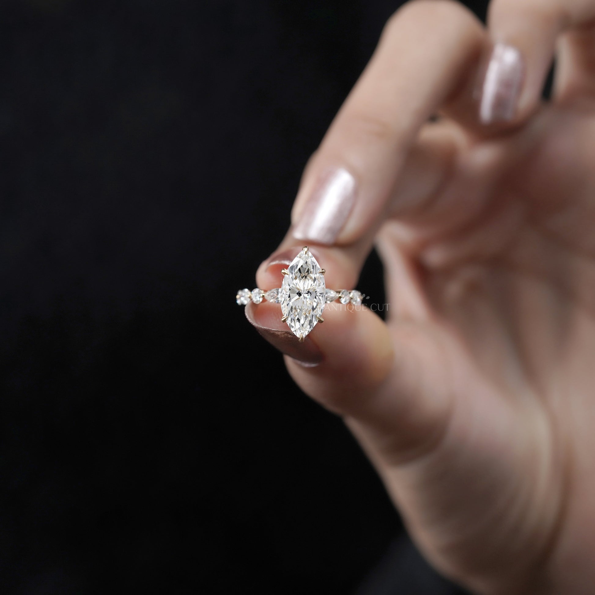 Marquise 4.00tcw Lab Grown Diamond Engagement Ring | IGI Certified | Yellow Gold | Unique Diamond Band