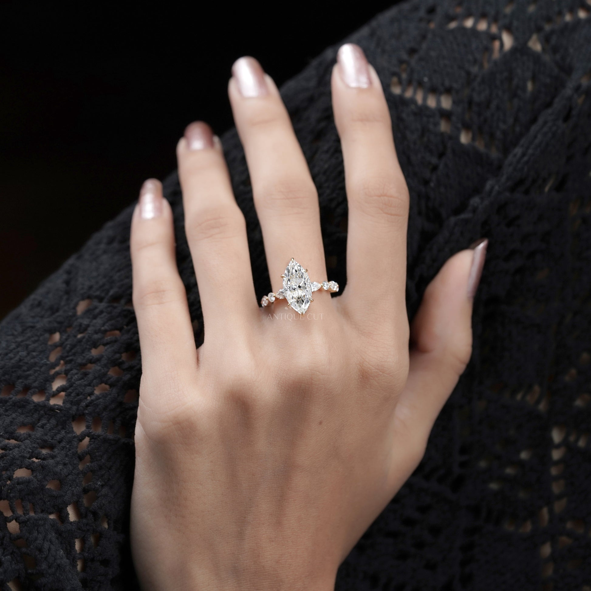 Marquise 4.00tcw Lab Grown Diamond Engagement Ring | IGI Certified | Yellow Gold | Unique Diamond Band