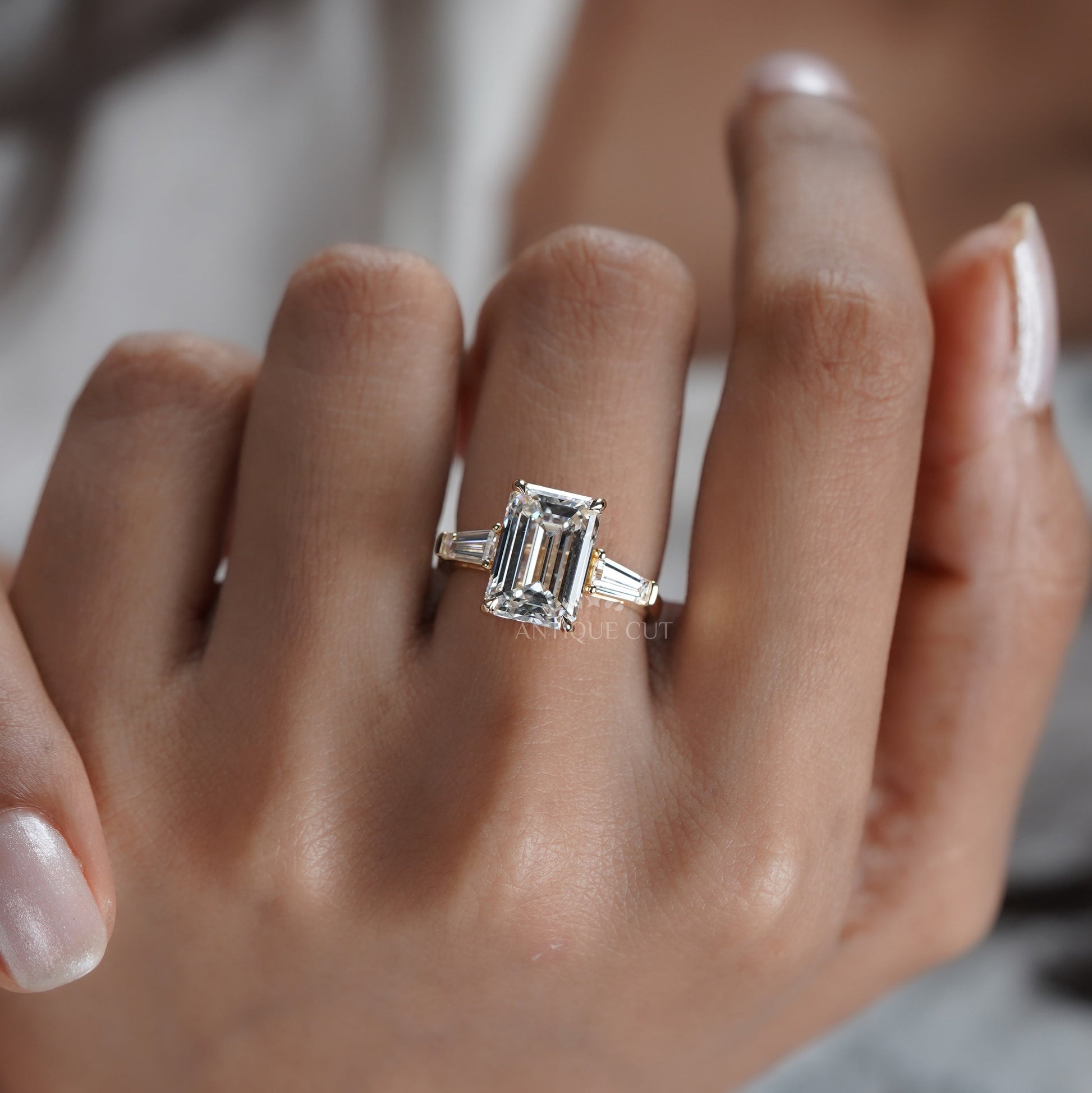 Emerald 5.60tcw Lab Diamond Three Stone Engagement Ring | Tap Baguette Side | IGI Certified