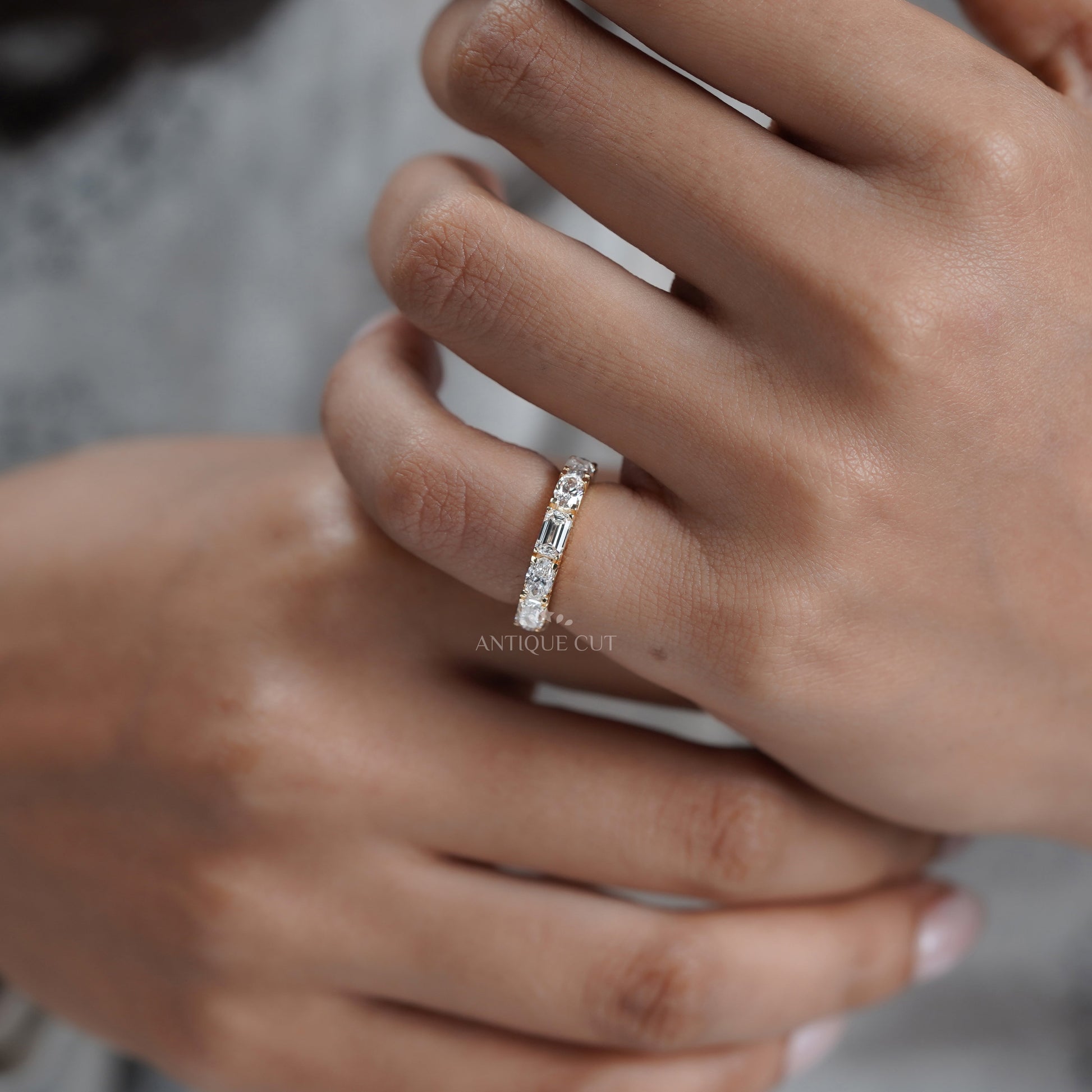 Emerald & Oval 2.00tcw Lab Grown Diamond Band Ring | IGI Certified | Yellow Gold | Half Eternity Style | VVS–VS Clarity