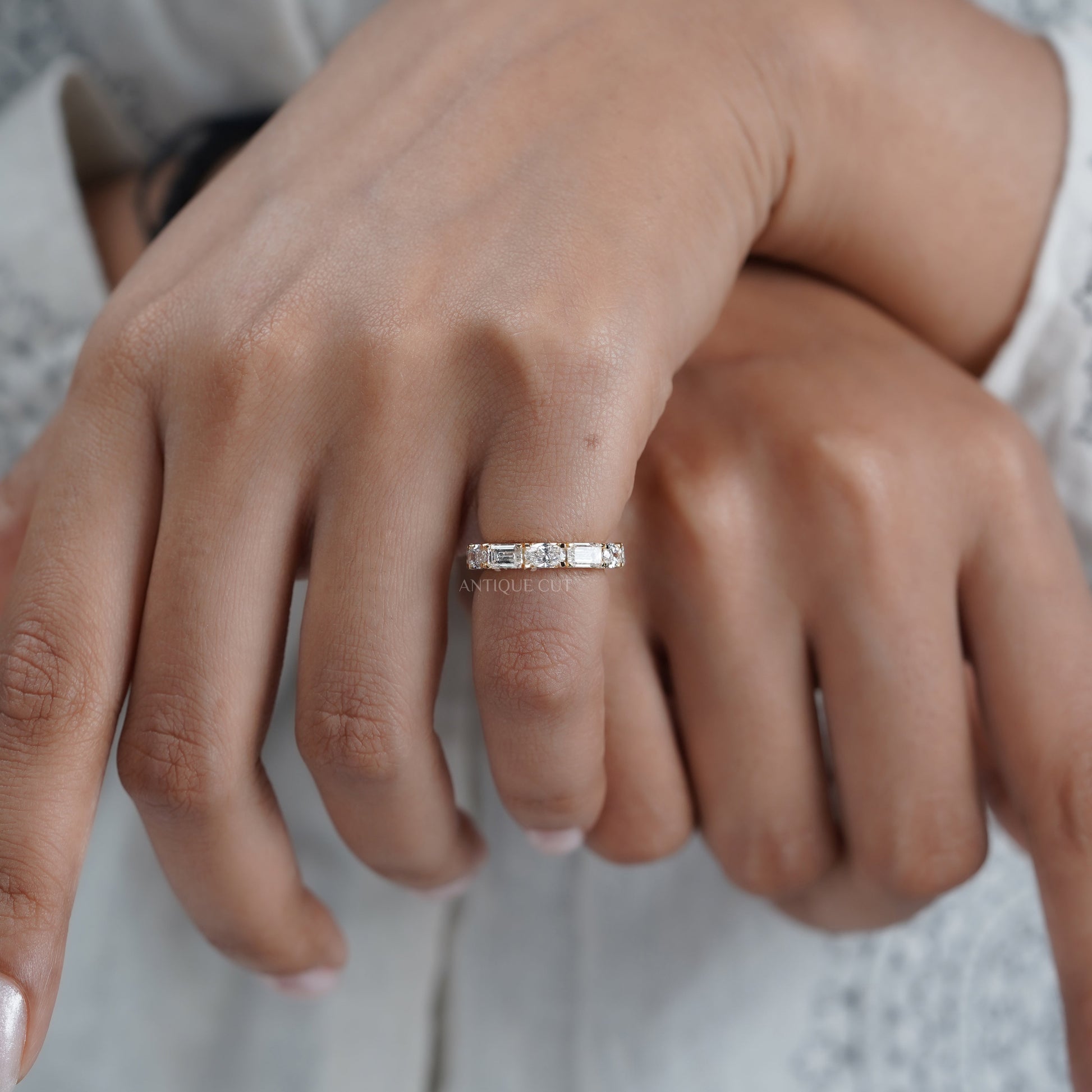 Emerald & Oval 2.00tcw Lab Grown Diamond Band Ring | IGI Certified | Yellow Gold | Half Eternity Style | VVS–VS Clarity