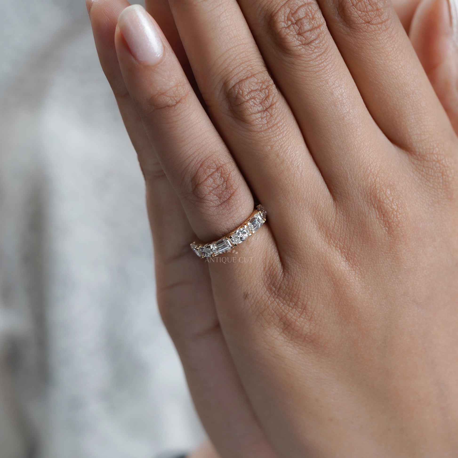 Emerald & Oval 2.00tcw Lab Grown Diamond Band Ring | IGI Certified | Yellow Gold | Half Eternity Style | VVS–VS Clarity