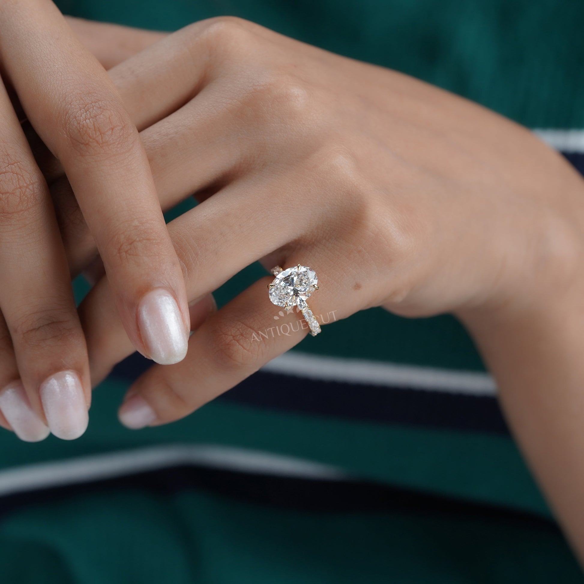 Oval 4.30tcw Lab Diamond Ring | Emerald & Round Side Stones | Yellow Gold | IGI Certified