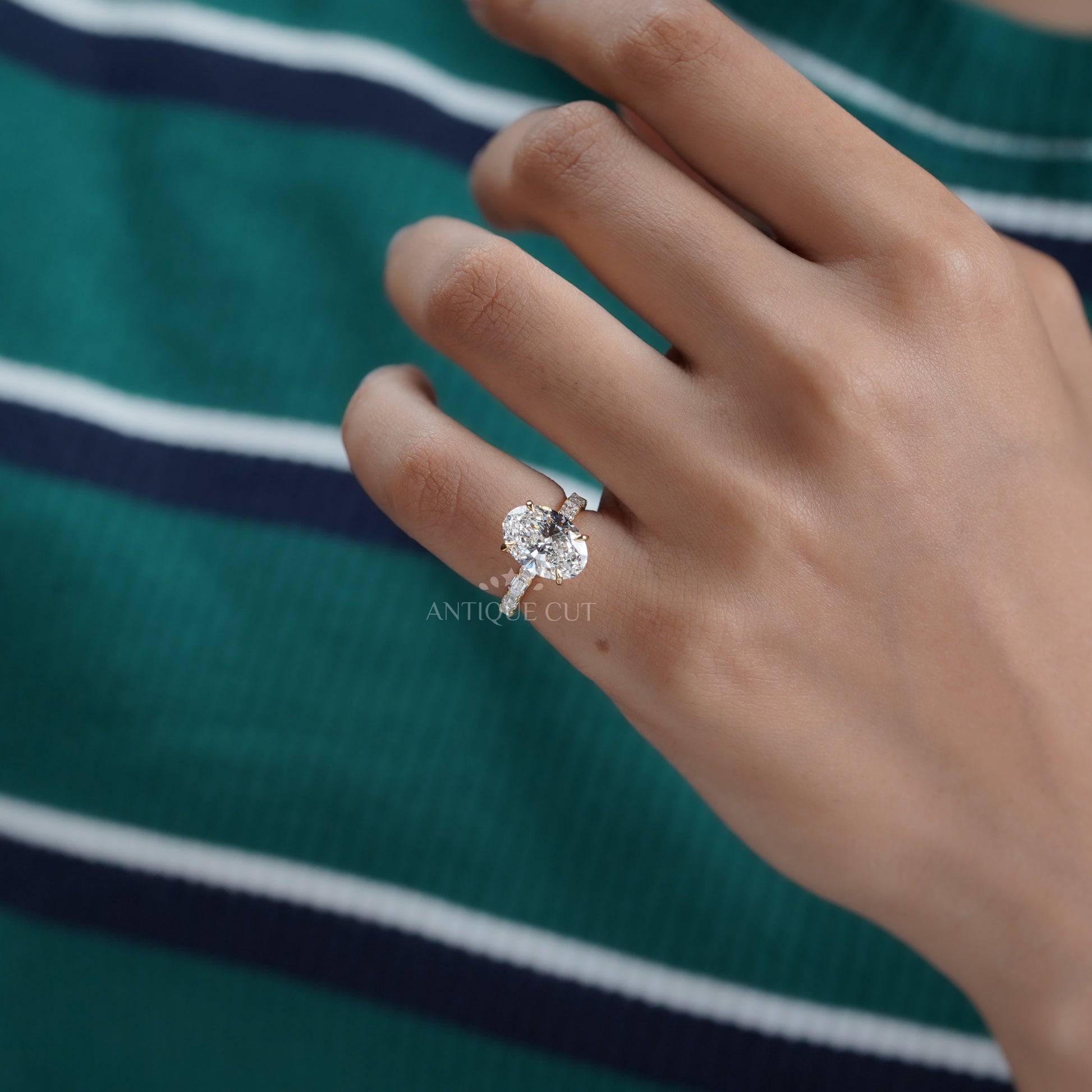 Oval 4.30tcw Lab Diamond Ring | Emerald & Round Side Stones | Yellow Gold | IGI Certified