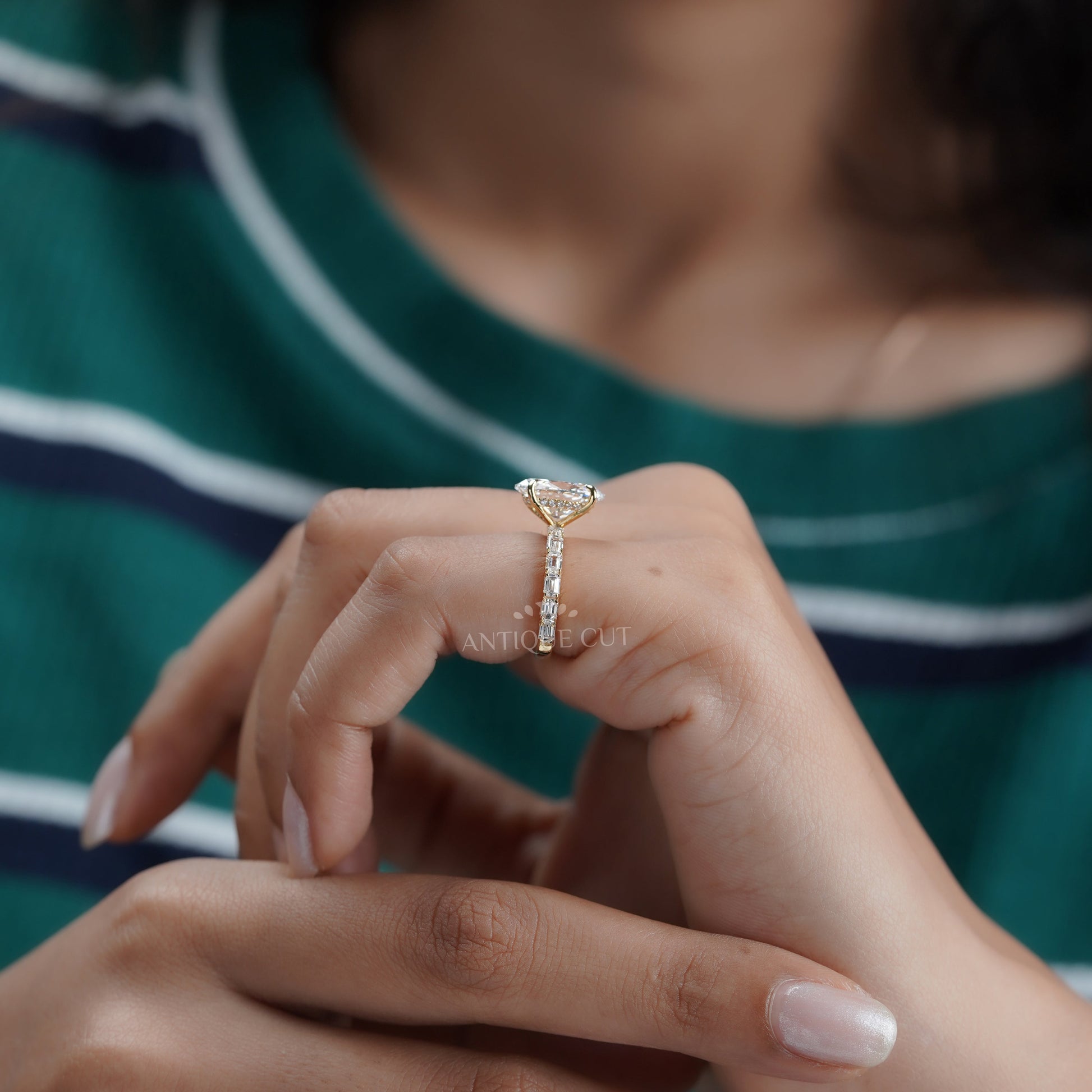 Oval 4.30tcw Lab Diamond Ring | Emerald & Round Side Stones | Yellow Gold | IGI Certified