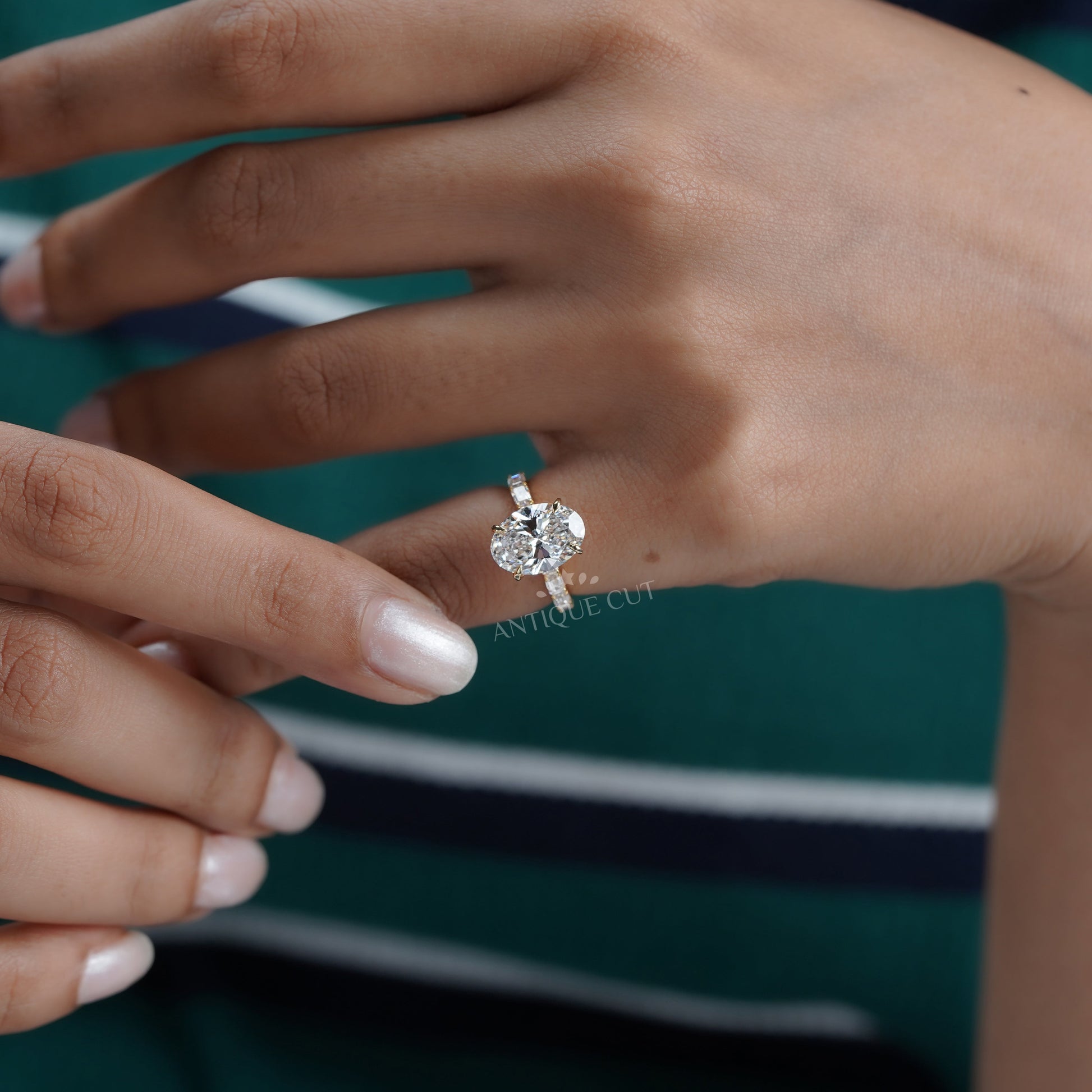 Oval 4.30tcw Lab Diamond Ring | Emerald & Round Side Stones | Yellow Gold | IGI Certified