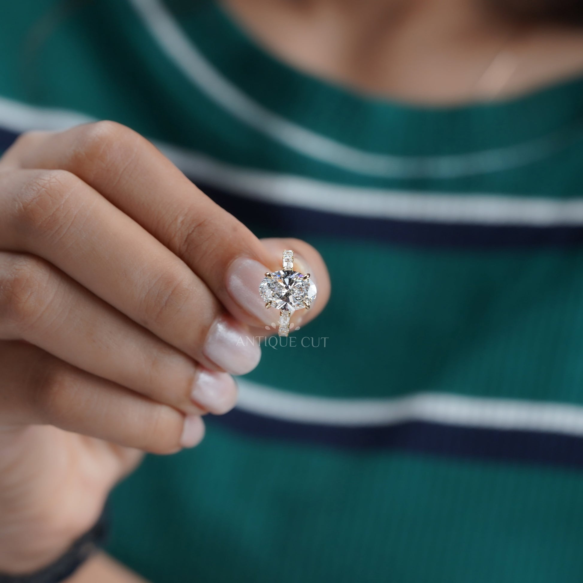 Oval 4.30tcw Lab Diamond Ring | Emerald & Round Side Stones | Yellow Gold | IGI Certified