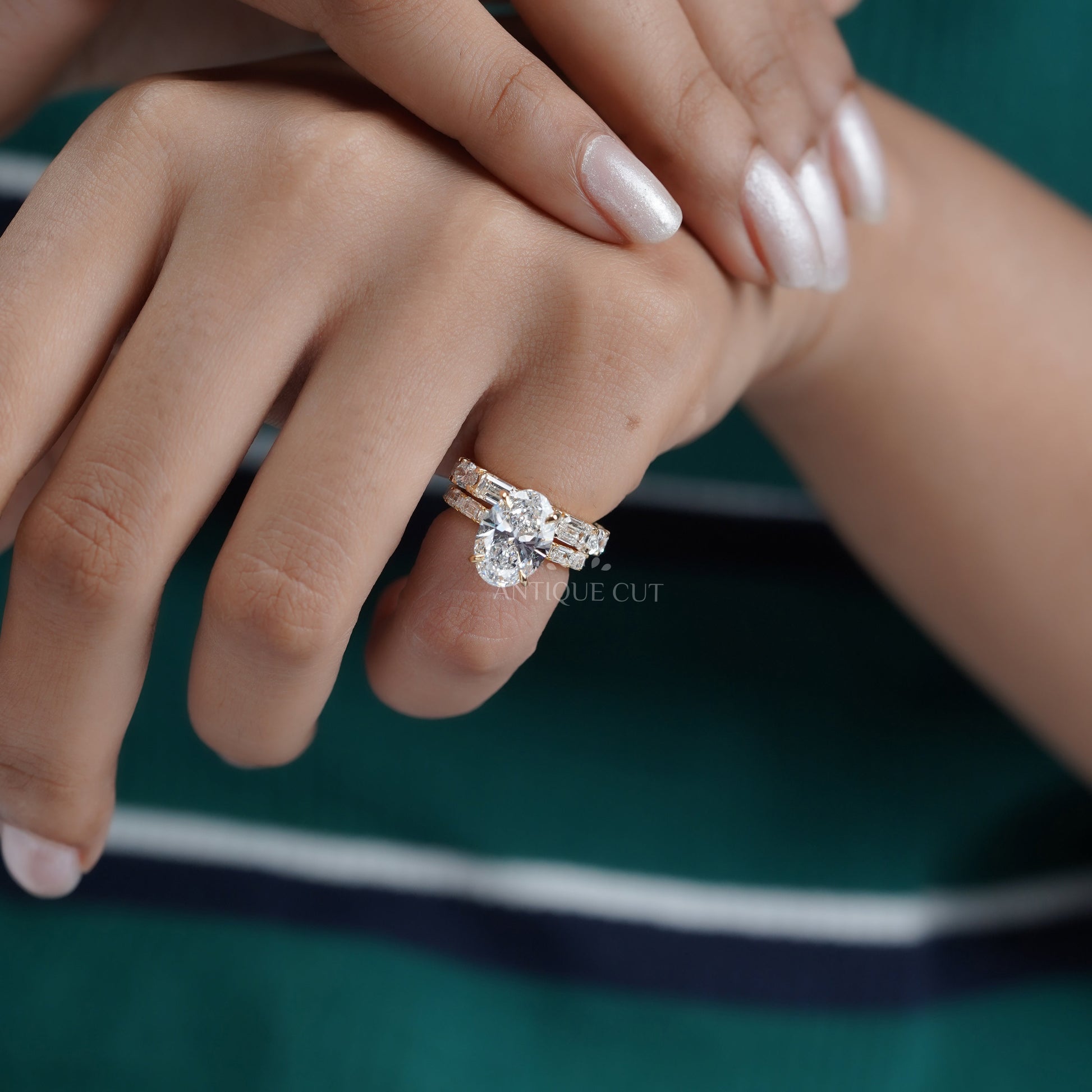 Oval 6.30tcw Lab Diamond Wedding Set | IGI Certified | Yellow Gold | Elegant 3-Stone + Matching Band