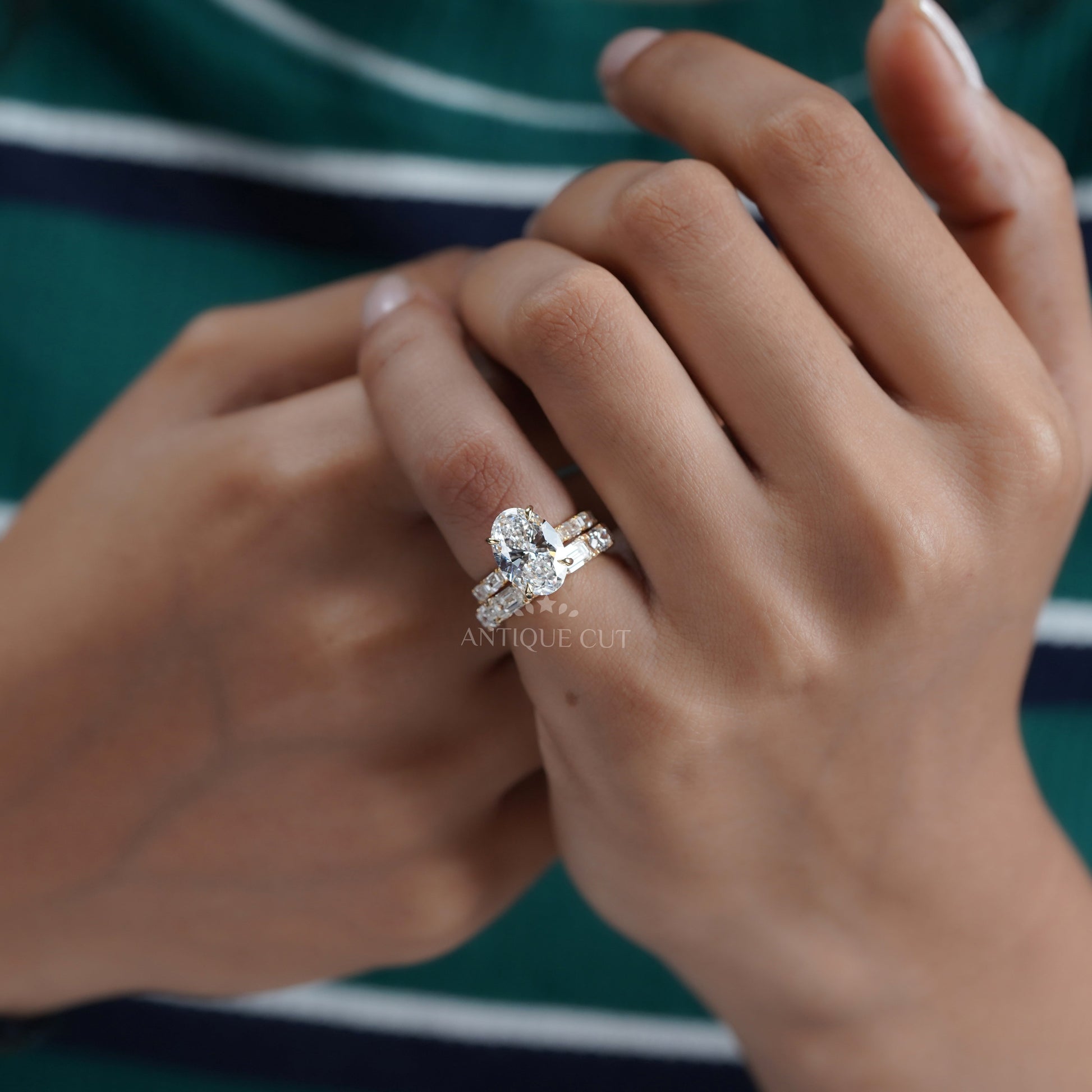 Oval 6.30tcw Lab Diamond Wedding Set | IGI Certified | Yellow Gold | Elegant 3-Stone + Matching Band