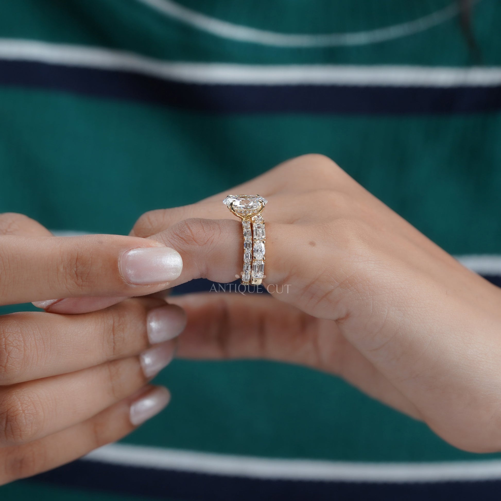 Oval 6.30tcw Lab Diamond Wedding Set | IGI Certified | Yellow Gold | Elegant 3-Stone + Matching Band