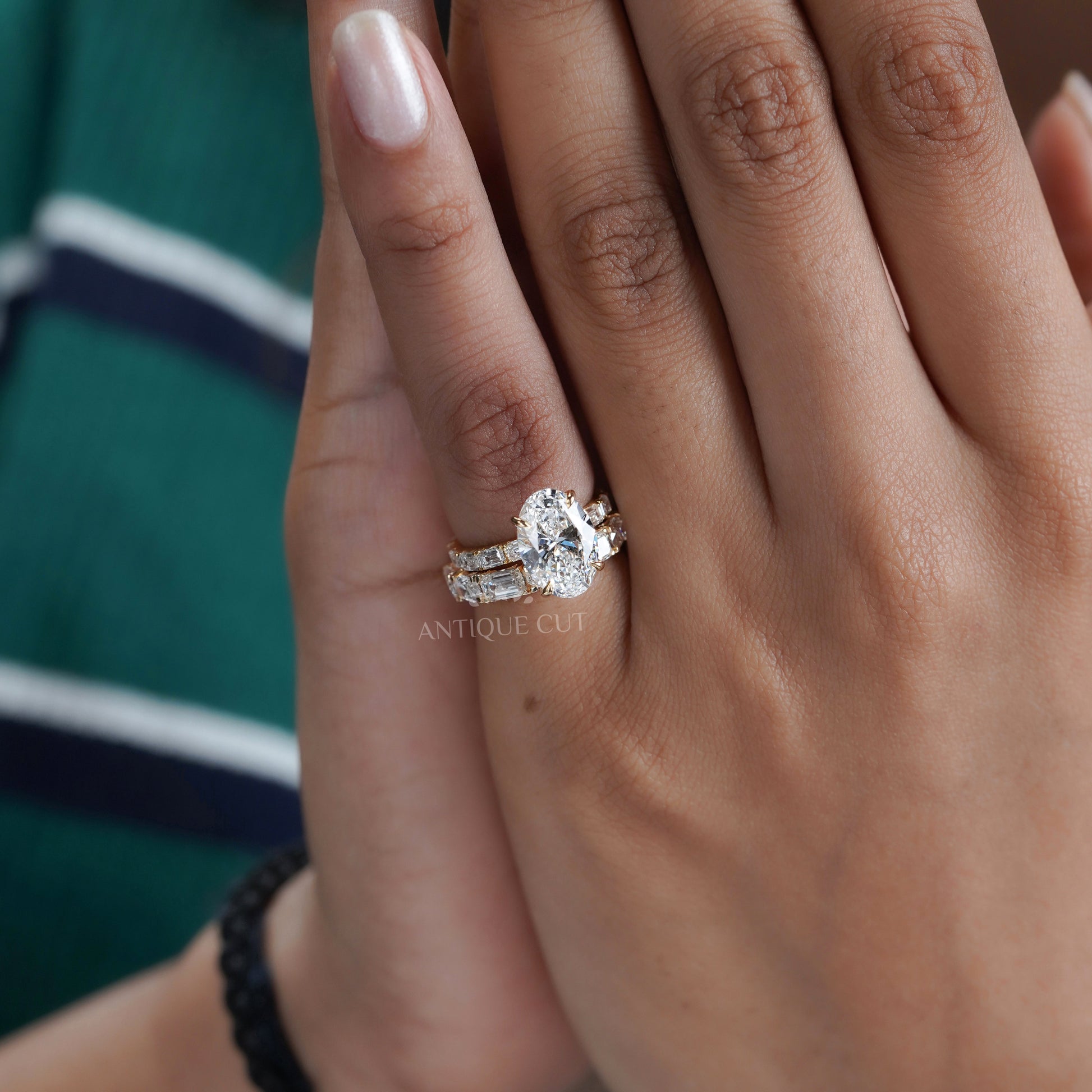 Oval 6.30tcw Lab Diamond Wedding Set | IGI Certified | Yellow Gold | Elegant 3-Stone + Matching Band