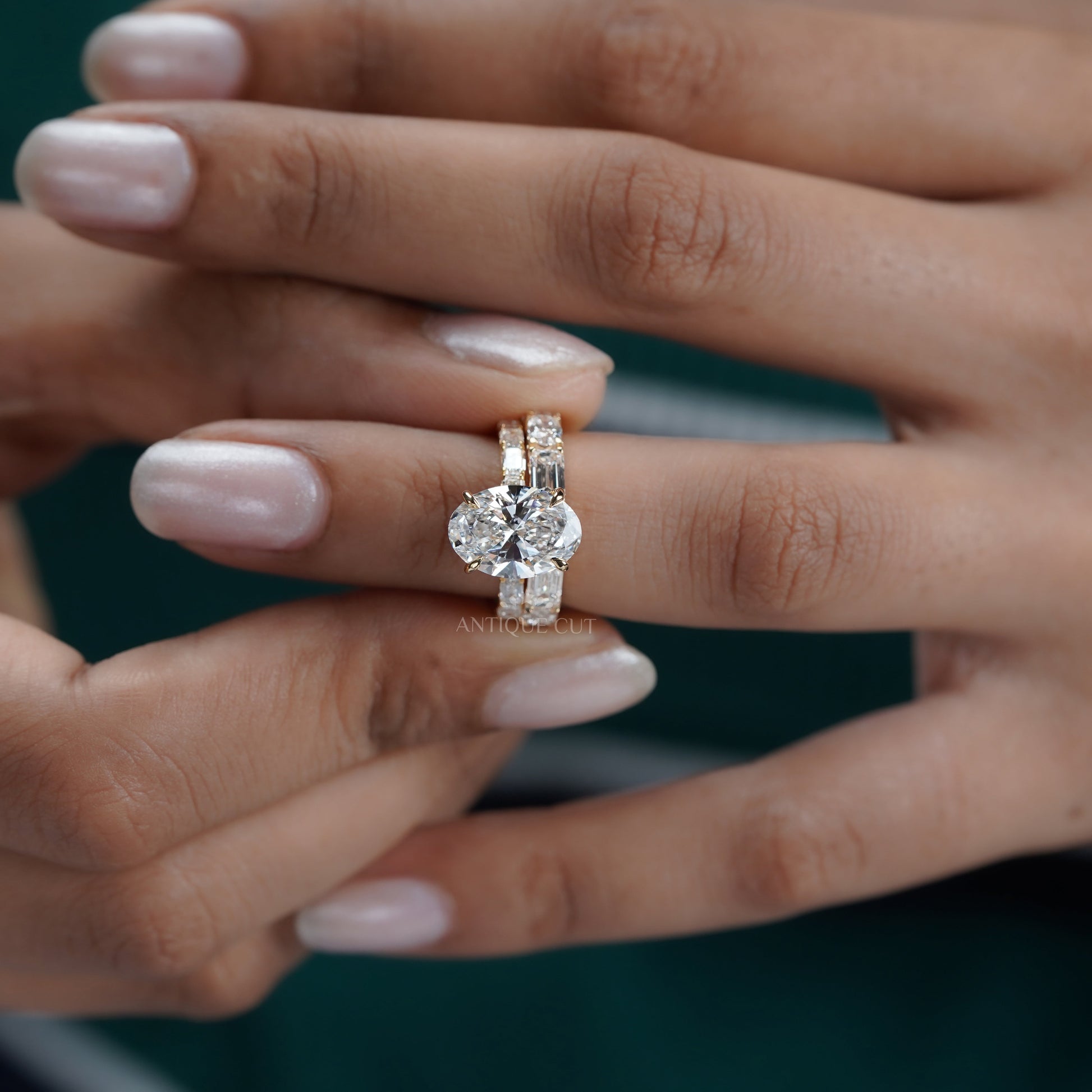 Oval 6.30tcw Lab Diamond Wedding Set | IGI Certified | Yellow Gold | Elegant 3-Stone + Matching Band