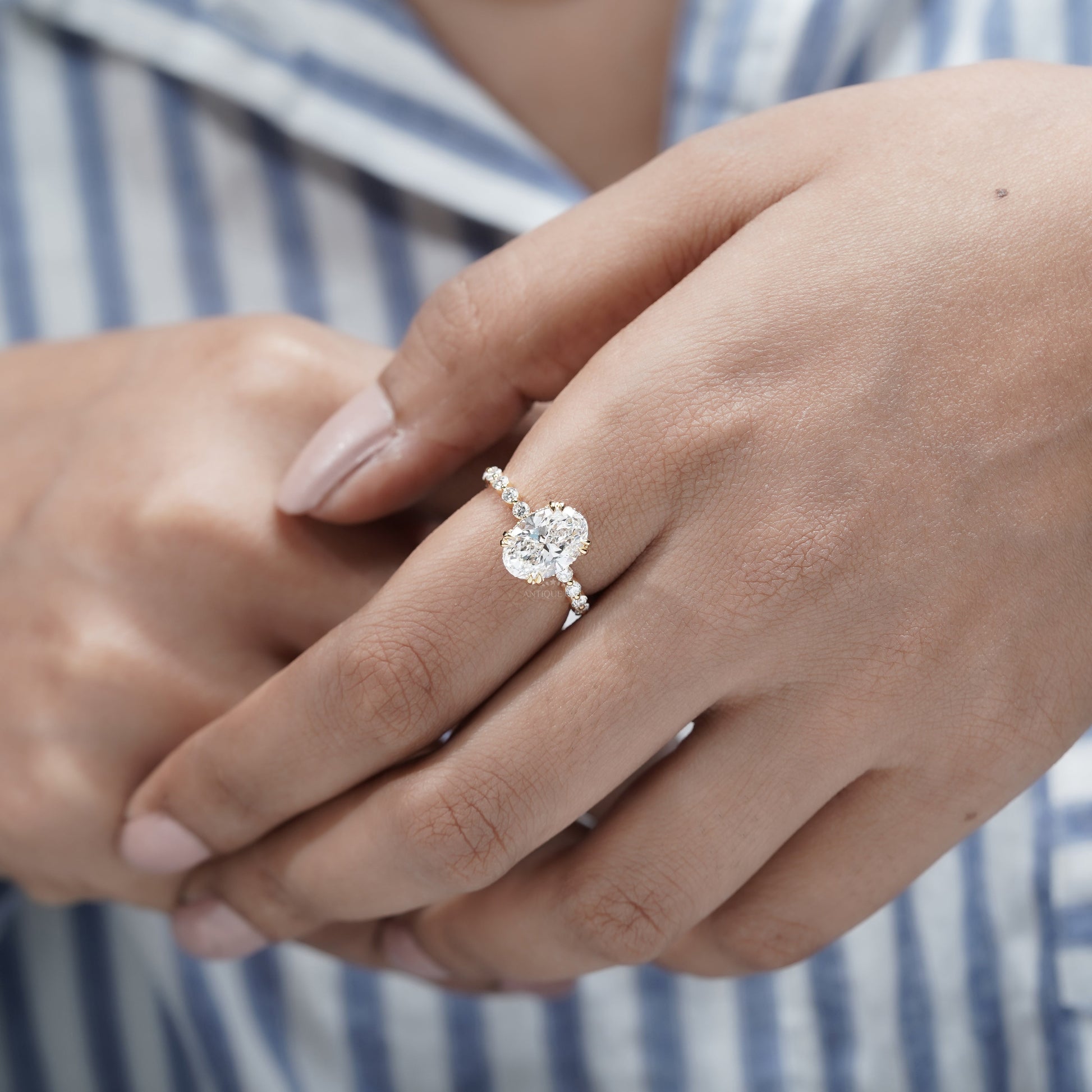 Oval 3.00tcw Lab Grown Diamond Engagement Ring | 2.40ct Oval Center + 0.60ct Side Stones | IGI Certified | Yellow Gold