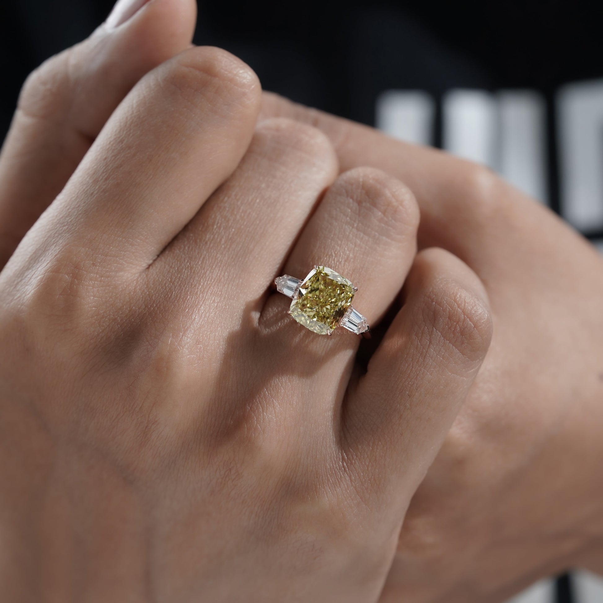 Fancy Yellow 6.50tcw Cushion Cut Lab Diamond Ring | Rose Gold Three-Stone | IGI Certified