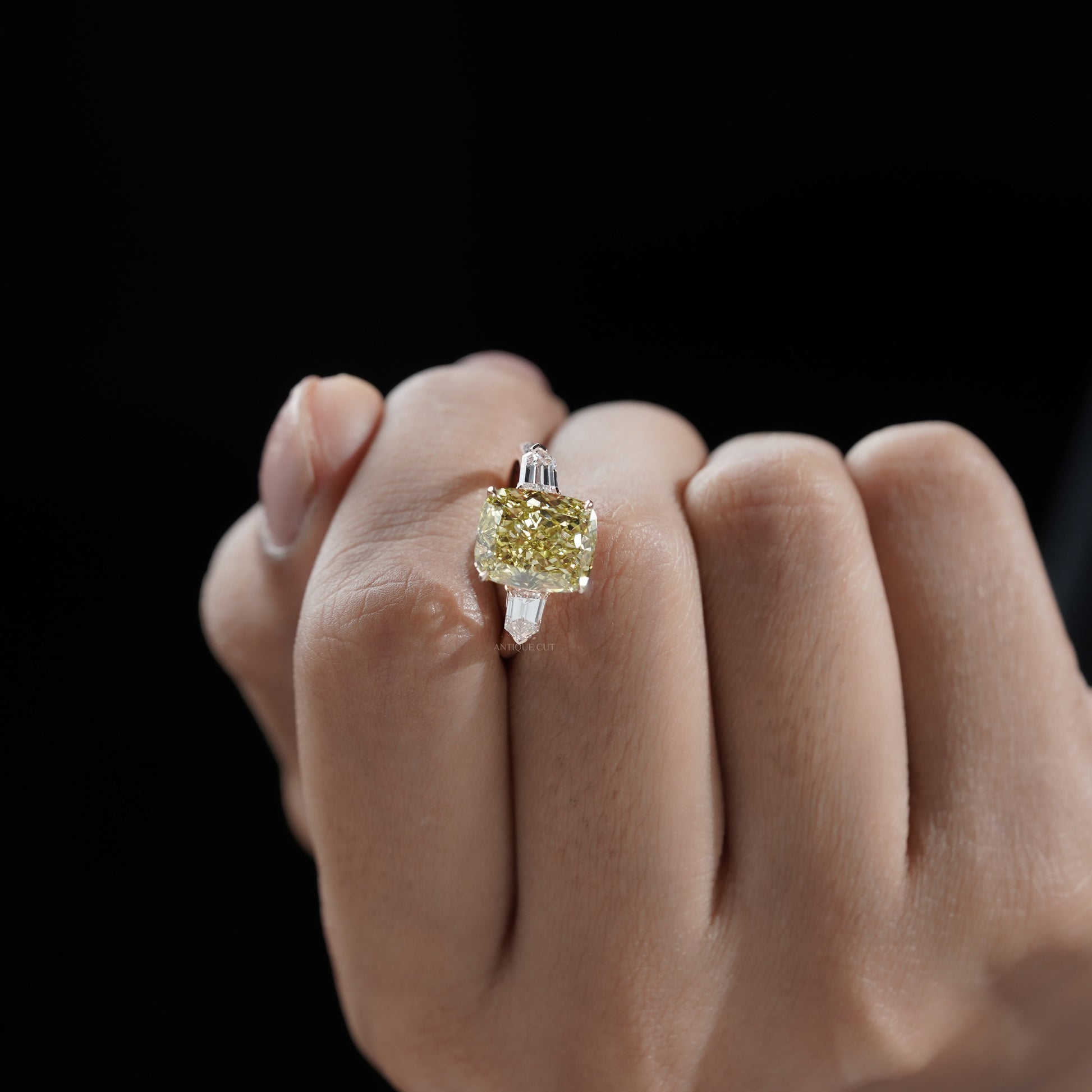 Fancy Yellow 6.50tcw Cushion Cut Lab Diamond Ring | Rose Gold Three-Stone | IGI Certified
