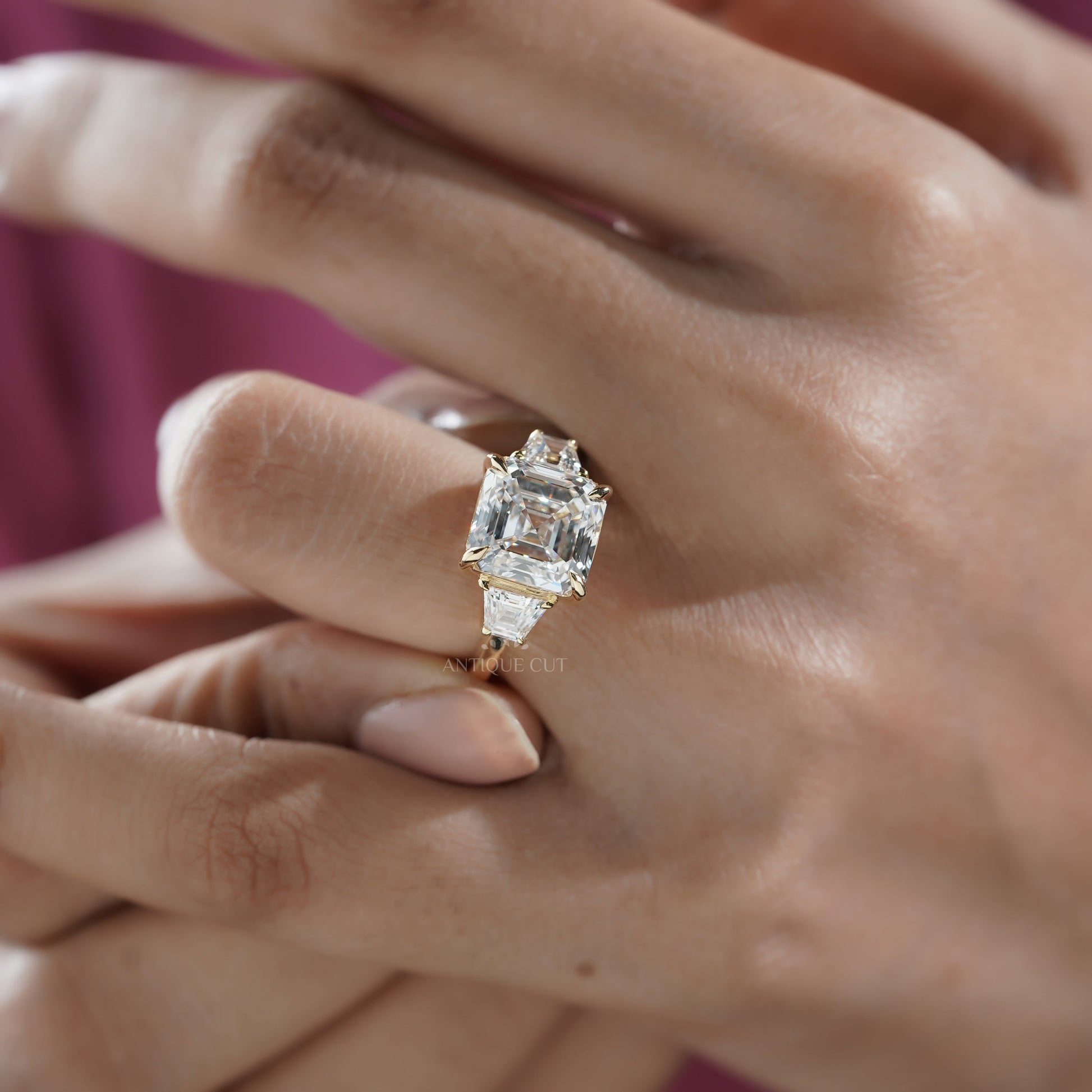 6.60tcw Asscher Lab Grown Diamond Engagement Ring | 6ct Center & Trapezoid Side Stones | 14k Gold