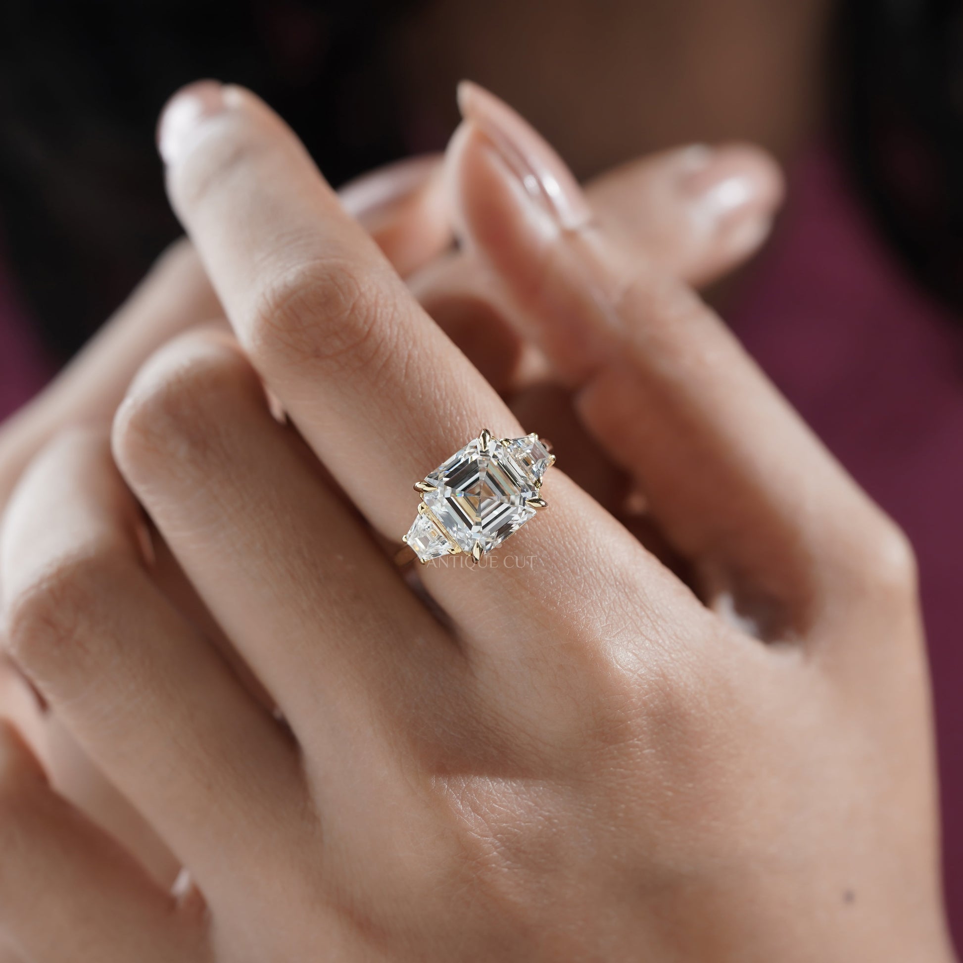 6.60tcw Asscher Lab Grown Diamond Engagement Ring | 6ct Center & Trapezoid Side Stones | 14k Gold