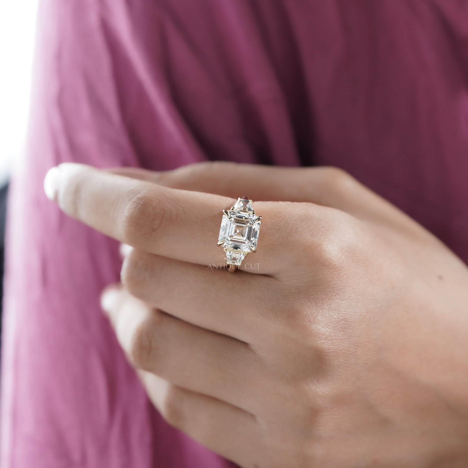 6.60tcw Asscher Lab Grown Diamond Engagement Ring | 6ct Center & Trapezoid Side Stones | 14k Gold