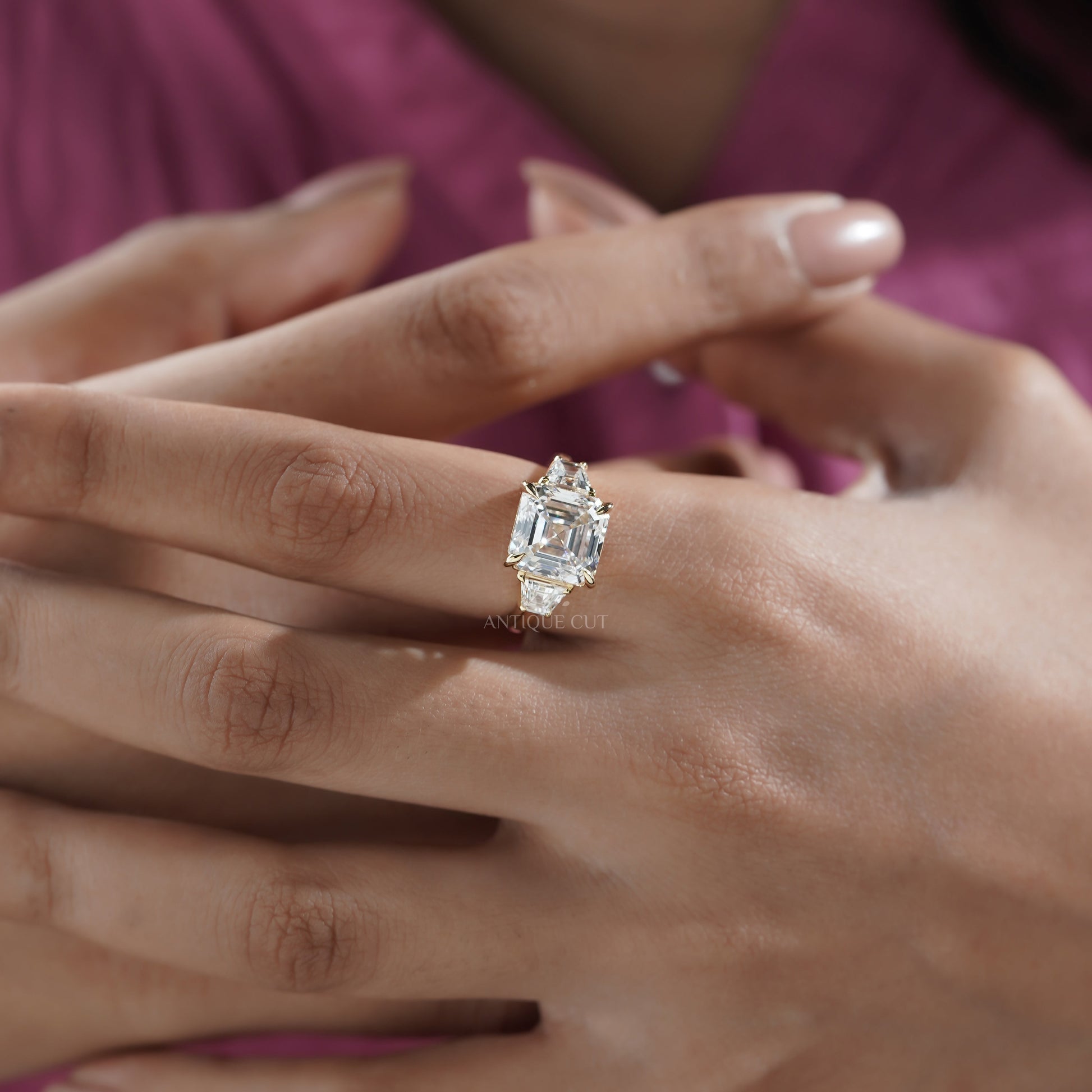 6.60tcw Asscher Lab Grown Diamond Engagement Ring | 6ct Center & Trapezoid Side Stones | 14k Gold