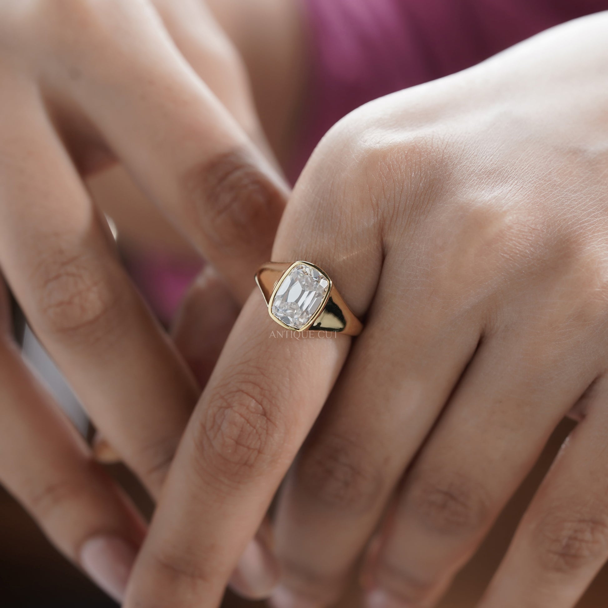 3ct Cushion Lab-Grown Diamond Bezel Ring | Solid Yellow Gold | IGI Certified D-E-F | VVS–VS