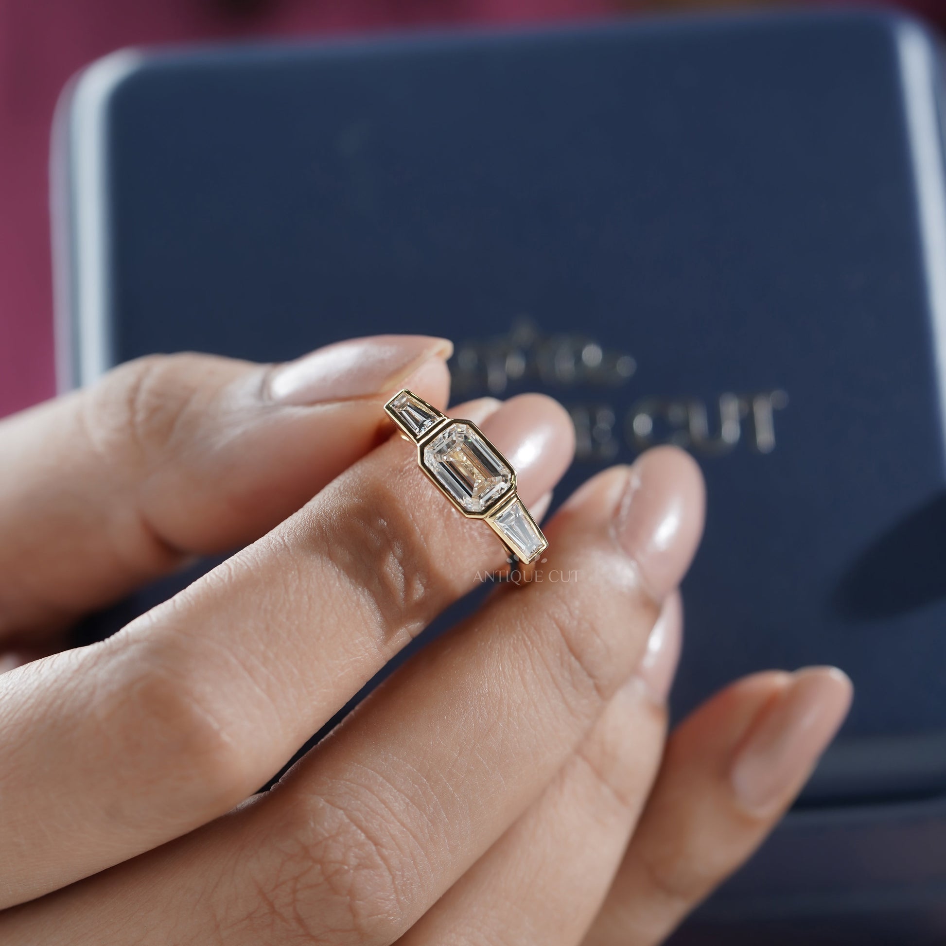 Emerald 2.20tcw Lab Grown Diamond Three Stone Engagement Ring in Yellow Gold