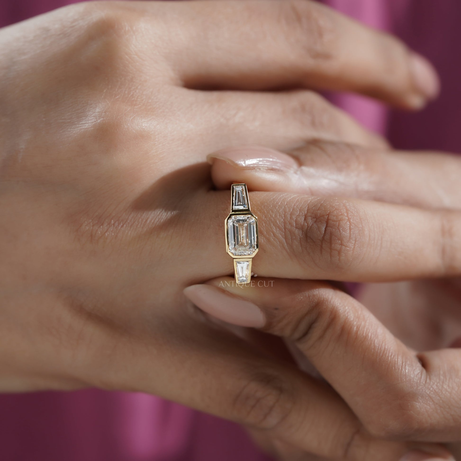 Emerald 2.20tcw Lab Grown Diamond Three Stone Engagement Ring in Yellow Gold