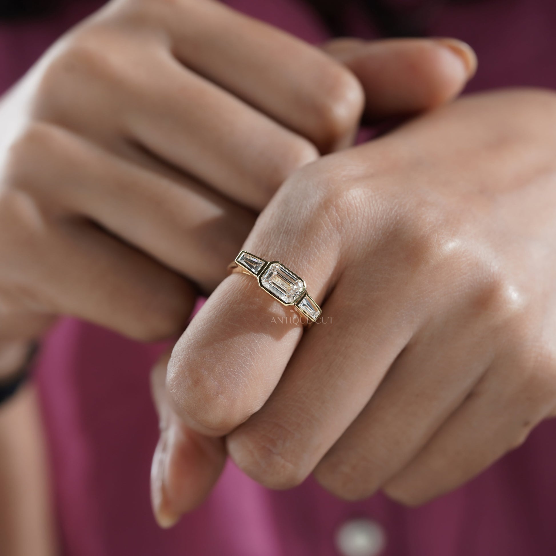 Emerald 2.20tcw Lab Grown Diamond Three Stone Engagement Ring in Yellow Gold