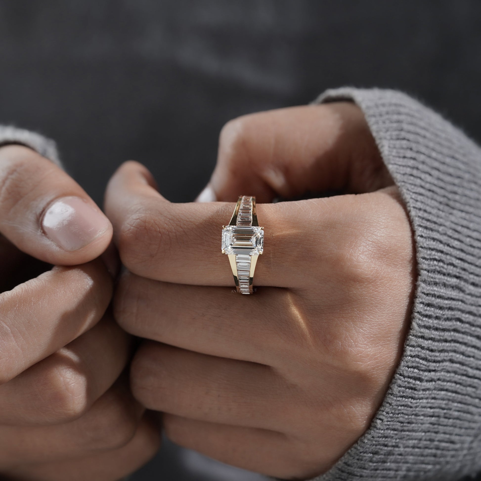 Emerald 3.70tcw Lab Diamond Ring with Baguette Sides | IGI Certified