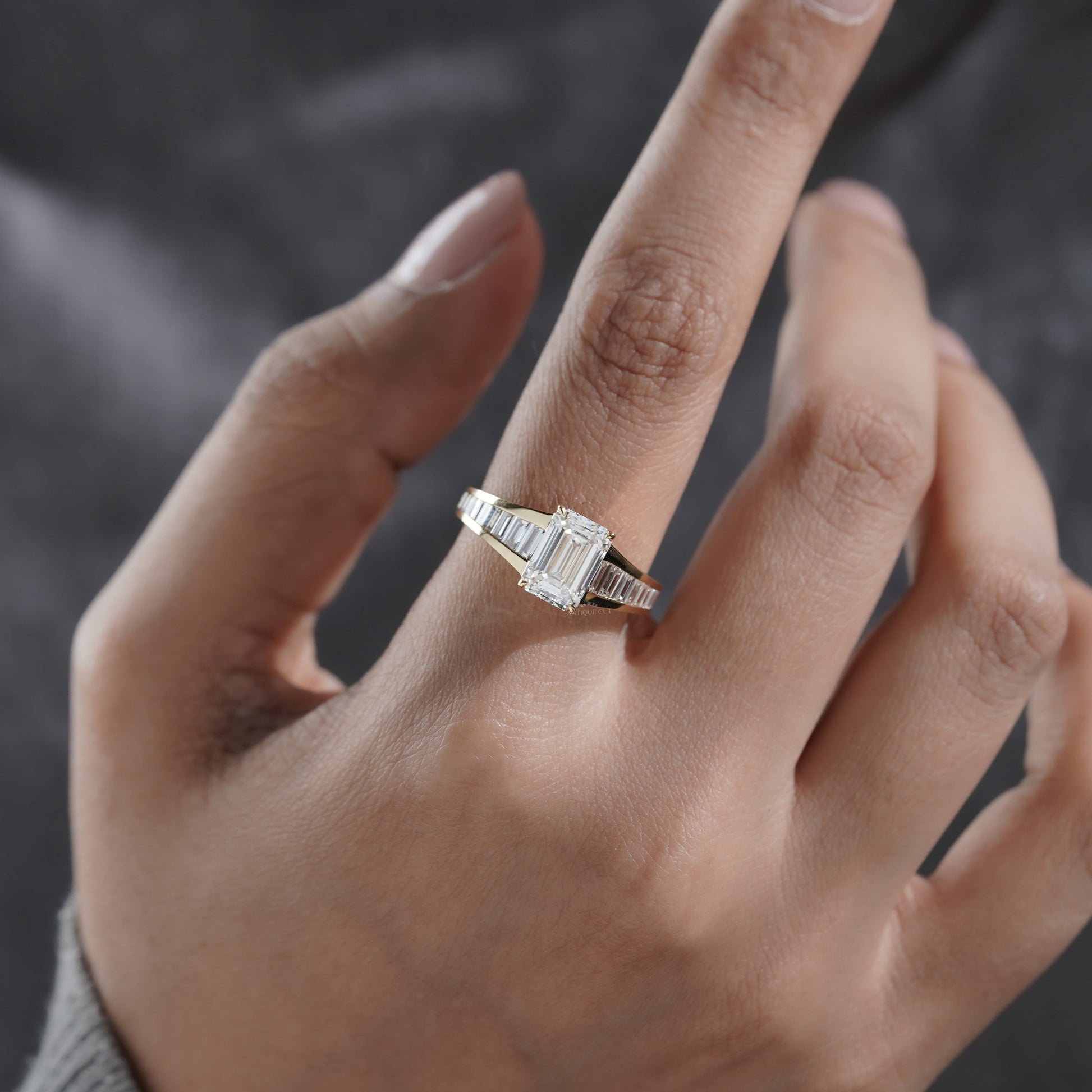 Emerald 3.70tcw Lab Diamond Ring with Baguette Sides | IGI Certified