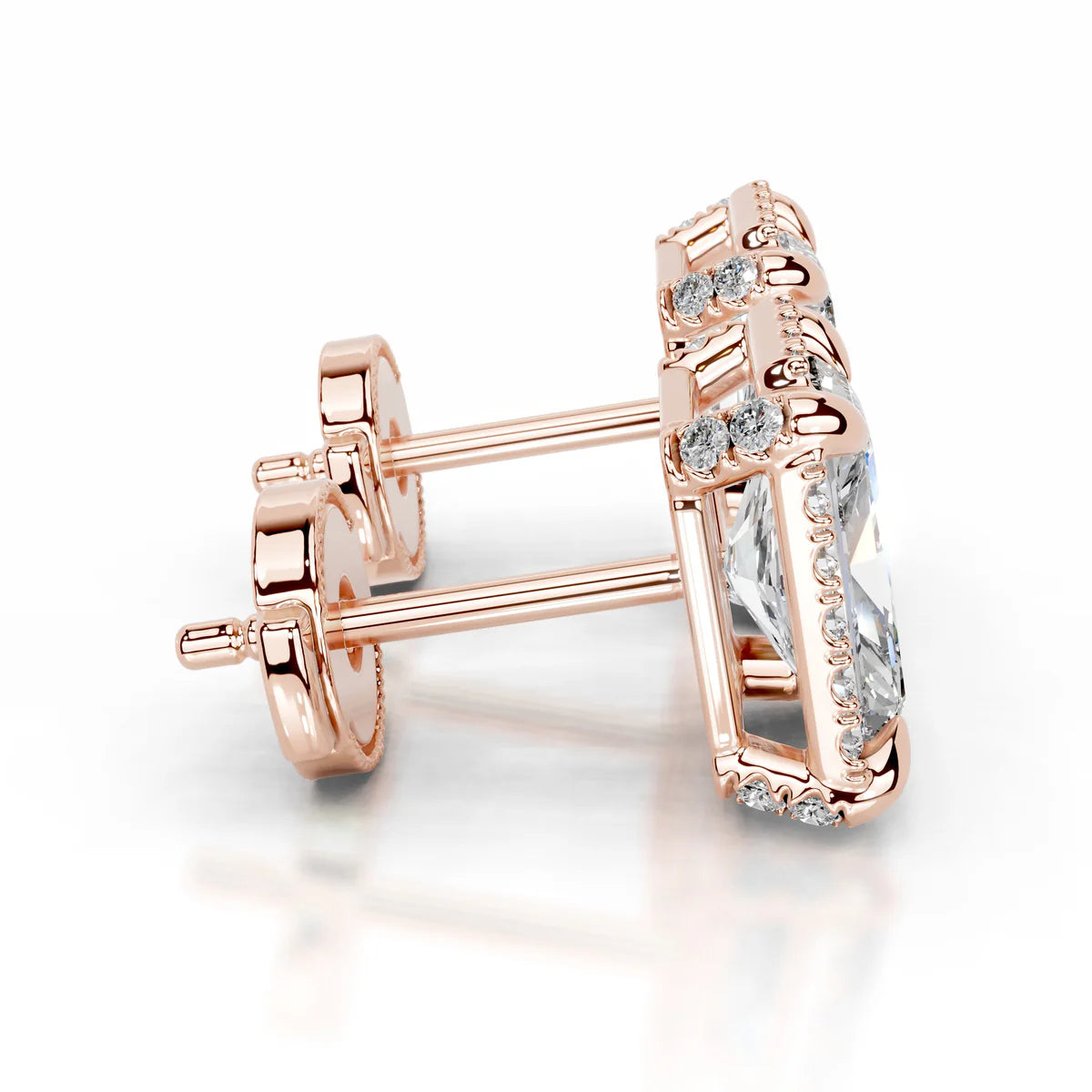 Rose:: radiant cut halo lab grown diamond stud earrings designer diamond earrings for women premium halo setting elegant design