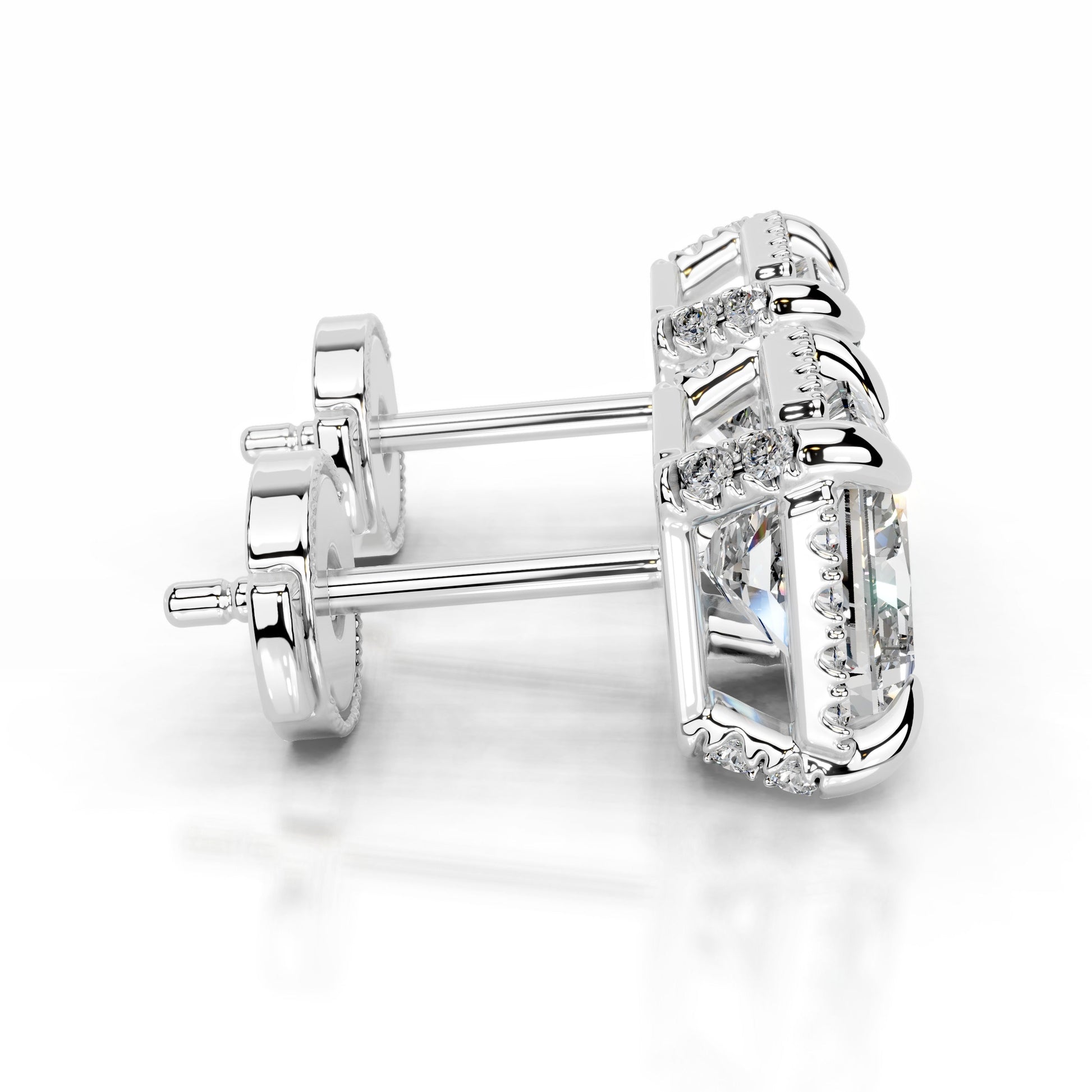 White:: princess cut halo lab grown diamond stud earrings designer diamond earrings for women modern luxury studs for daily elegance