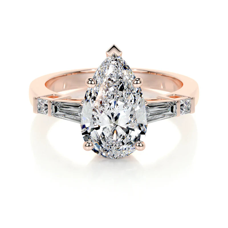 Rose :: pear three stone lab grown diamond engagement ring round side stones