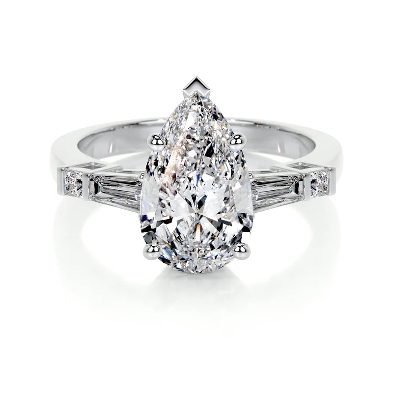 White :: Calvoria pear lab grown diamond three stone ring IGI certified engagement ring