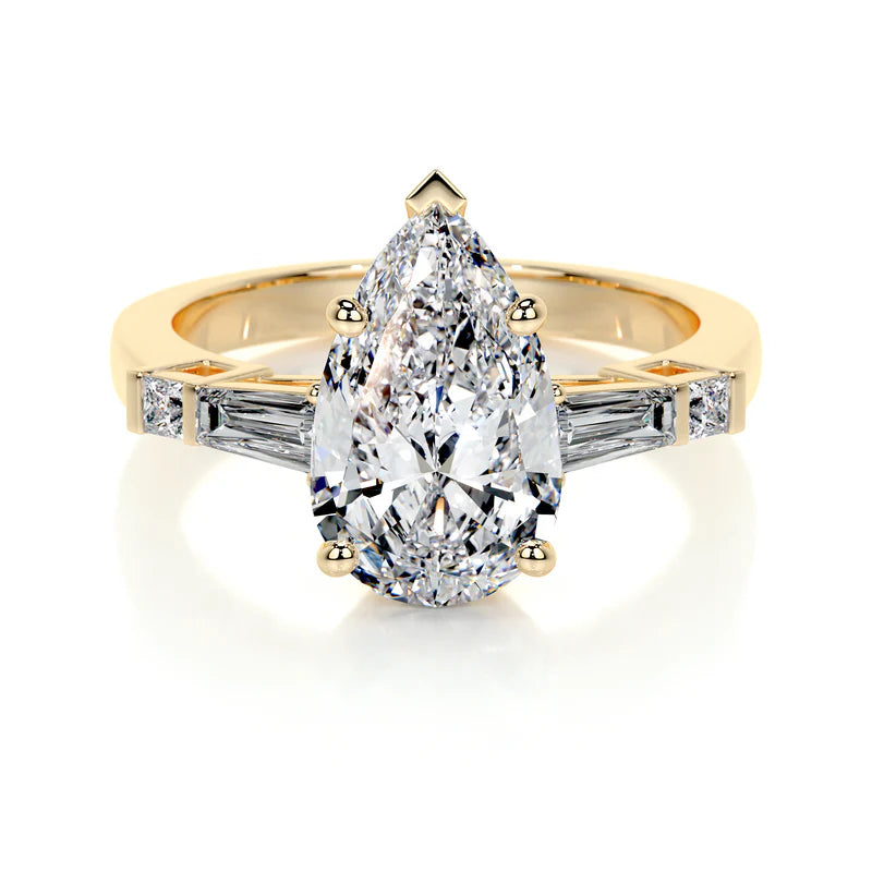 Yellow :: modern pear cut lab grown diamond three stone engagement ring luxury design