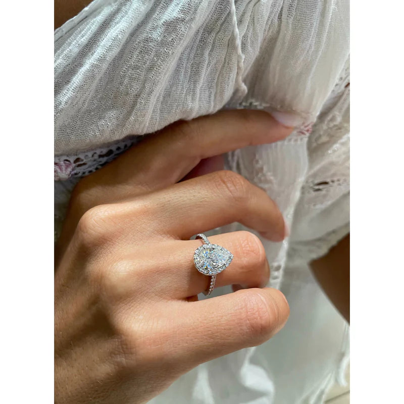 White :: pear halo lab grown diamond engagement ring sparkle white gold band