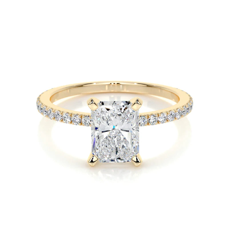 Yellow :: elegant radiant cut lab grown diamond pavé ring timeless engagement design