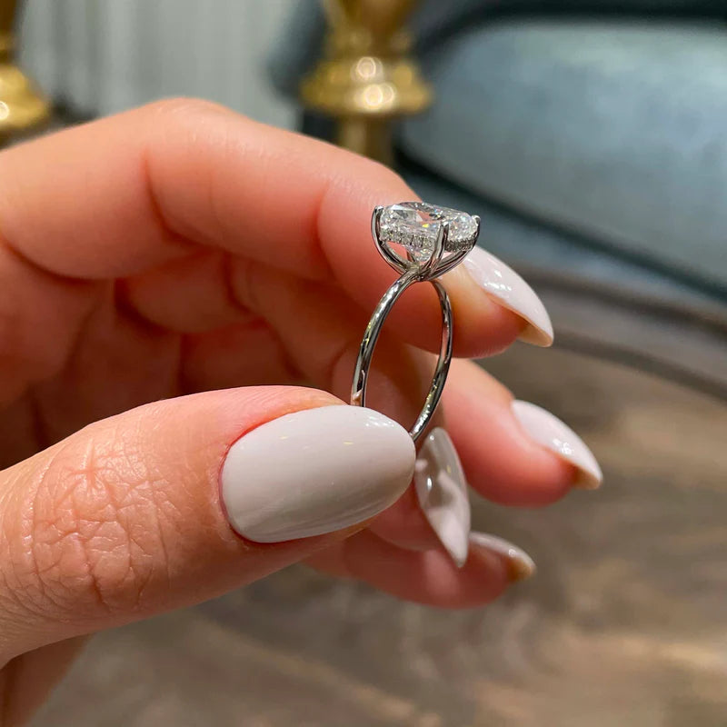 White :: close up elongated cushion lab diamond hidden halo engagement ring sparkle view
