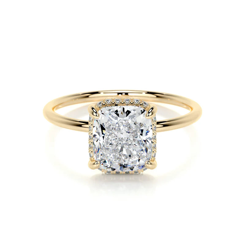 Yellow :: elongated cushion solitaire lab grown diamond ring with hidden halo detail