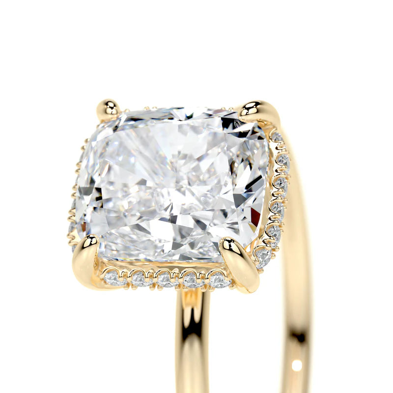 Yellow :: bridal elongated cushion lab grown diamond engagement ring hidden halo style