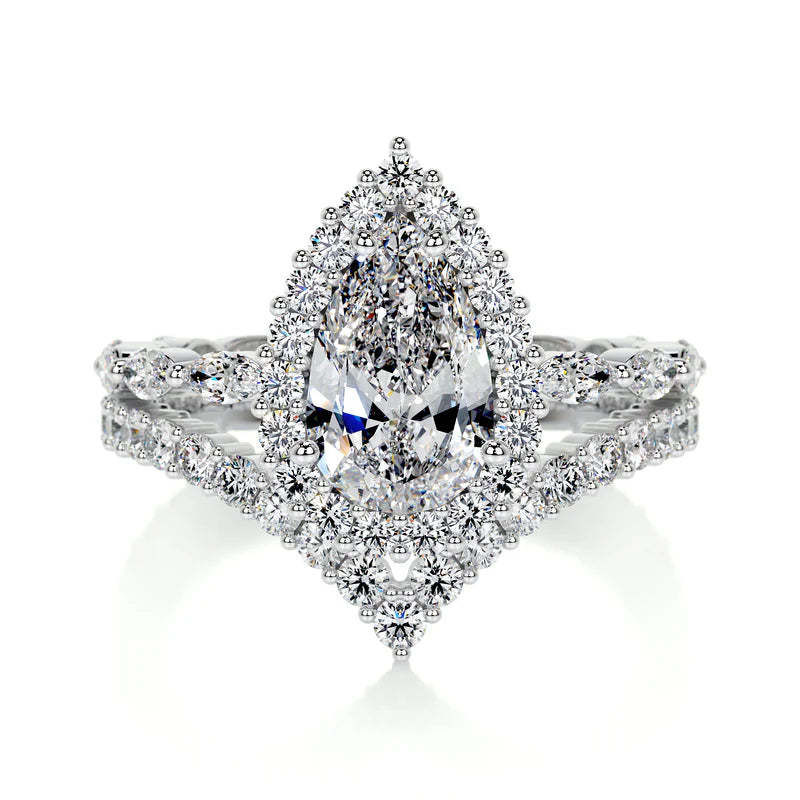 White :: Velentia pear halo lab grown diamond engagement ring IGI certified