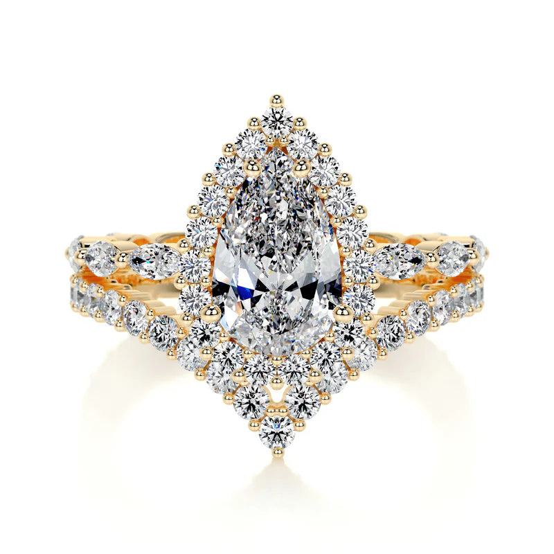 Yellow :: premium pear lab diamond halo engagement ring IGI certified ring