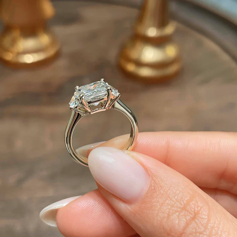 Rose :: modern cushion cut lab grown diamond three stone engagement ring luxury design