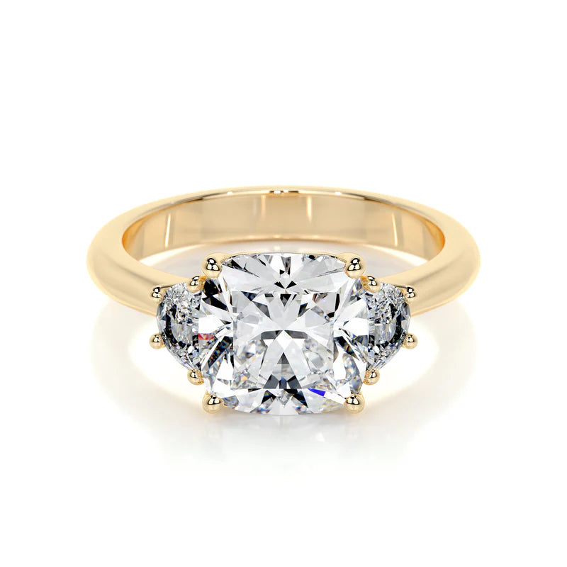 Yellow :: handcrafted cushion lab diamond three stone ring anniversary engagement ring