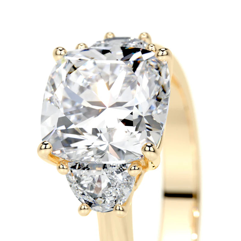 Yellow :: classic cushion cut three stone lab diamond engagement ring timeless style
