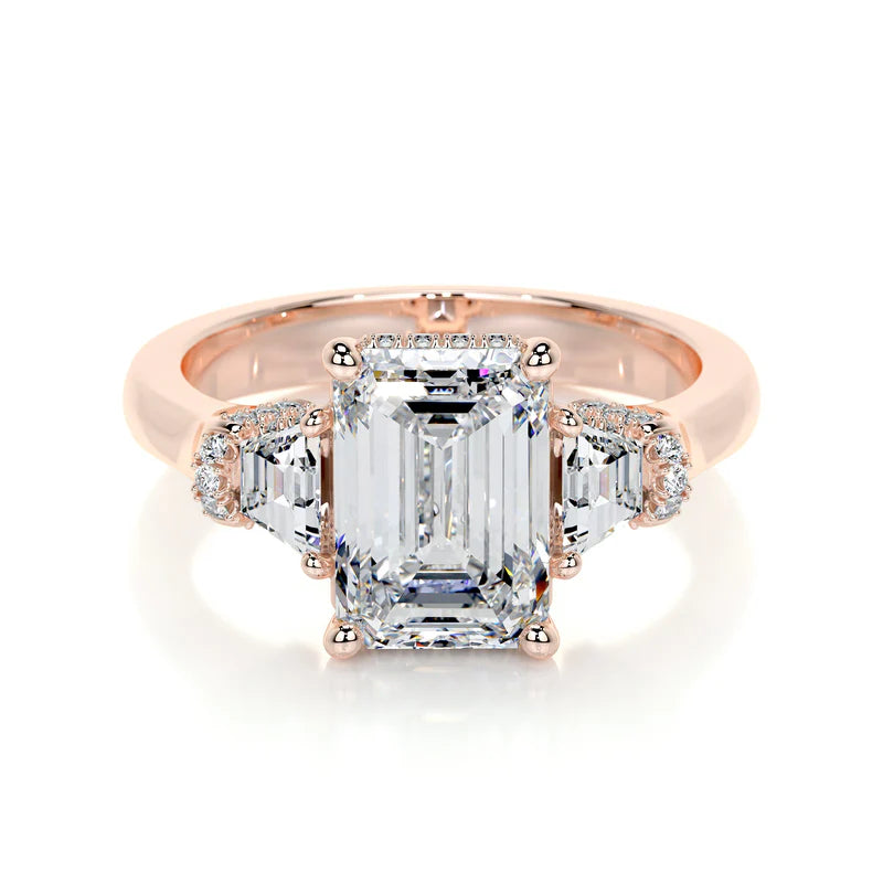 Rose :: emerald three stone lab grown diamond engagement ring baguette side stones