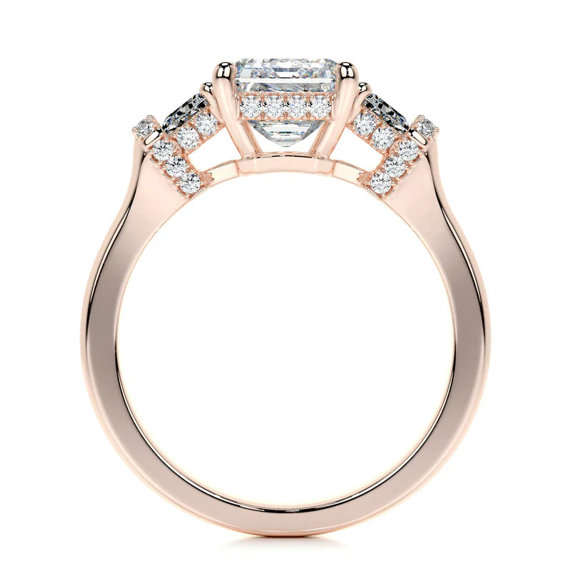 Rose :: modern emerald cut lab grown diamond three stone engagement ring luxury design