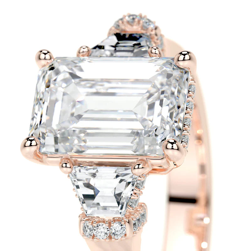 Rose :: premium emerald lab diamond three stone ring IGI certified bridal jewelry