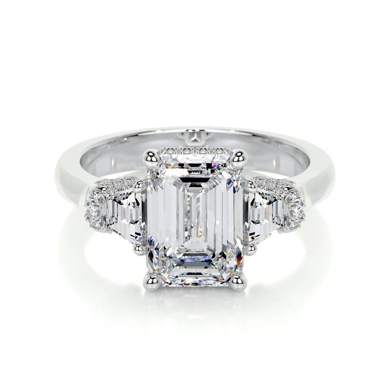 White :: Virellea emerald lab grown diamond three stone ring IGI certified engagement ring
