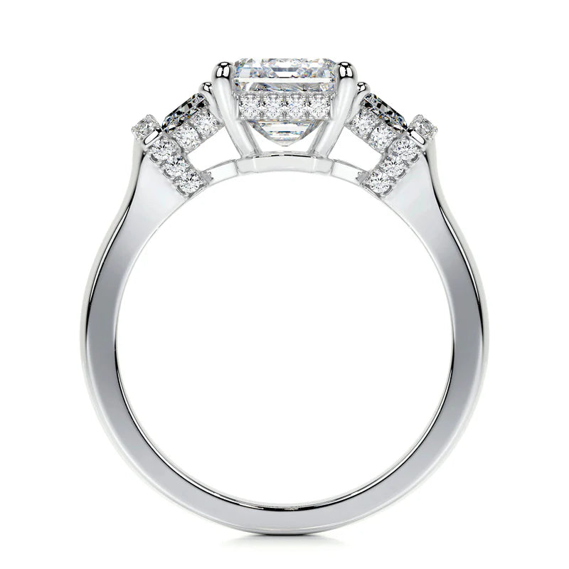 White :: Virellea emerald cut three stone lab grown diamond ring elegant bridal jewelry