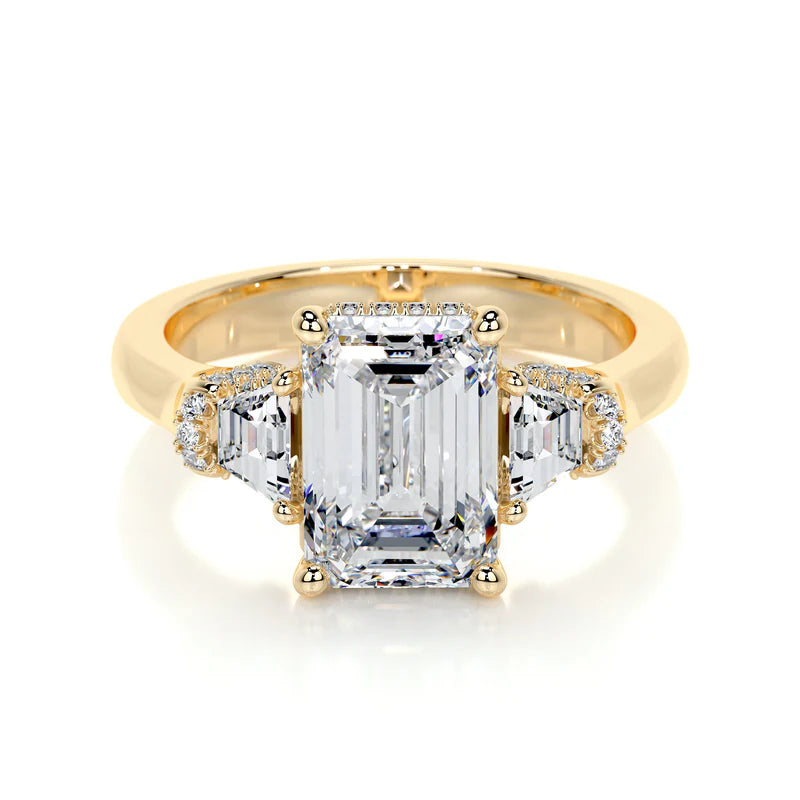 Yellow :: handcrafted emerald lab diamond three stone ring anniversary engagement ring